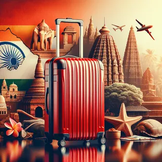 Изображение (не иллюстрация) только в очень реалистичном кинематографическом стиле. На изображении должен присутстовать красный туристический чемодан на колесиках. На изображении не должно быть людей.. Тема изображения: Индия или Шри-Ланка: куда отправиться в путешествие?