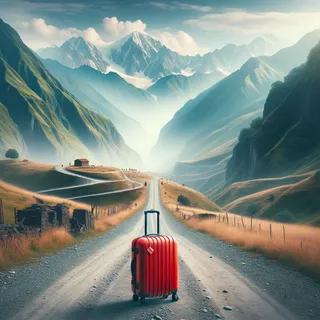 Изображение (не иллюстрация) только в очень реалистичном кинематографическом стиле. На изображении должен присутстовать красный туристический чемодан на колесиках. На изображении не должно быть людей.. Тема изображения: Военно-Грузинская дорога: путешествие сквозь историю и величие гор