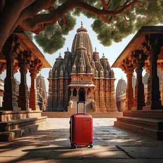 Индийский храм с красным туристическим чемоданом на колесах на фоне здания и тенистых деревьев