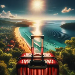 Кинематографический вид с высоты на тропические пляжи острова Пхукет с красным туристическим чемоданом на колесиках на переднем плане