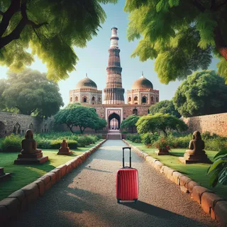 Каменистая дорожка, ведущая к старинной крепости Дели, на фоне роскошной зелени, сияющего Кутб-Минара и величественных Могольских дворцов, с красным туристическим чемоданом на колесиках у входа