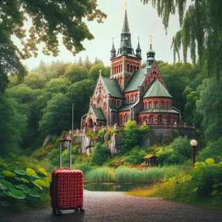Религиозное здание в Швеции среди зелени, на переднем плане красный туристический чемодан на колесиках