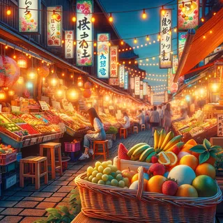 Красочный и насыщенный огнями ночной рынок, наполненный мириадами вывесок, еда, летняя атмосфера, корзина с экзотическими фруктами, прохладный вечер