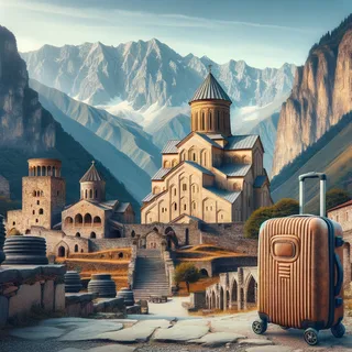 Пейзаж древнего грузинского монастыря на фоне гор с туристическим чемоданом на колесиках