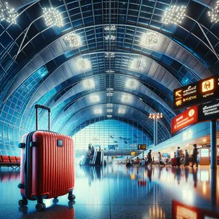 Кинематографическое изображение современного аэропорта Бангкока, в котором находится красный туристический чемодан на колесиках