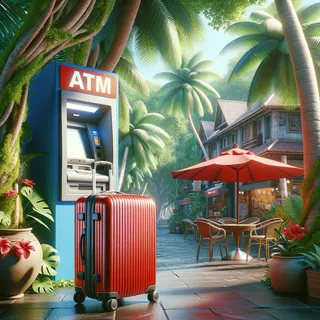 Реалистичное изображение красного туристического чемодана на колесиках на фоне банкомата в тропическом месте с пальмами и уличным кафе вблизи