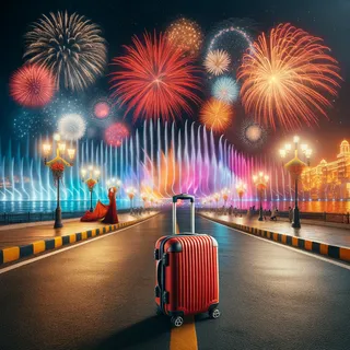 Изображение, на котором красный туристический чемодан стоит на дороге среди ярких огней, фонтанов света и разноцветных фейерверков, освещающих вечернее небо в индийском городе