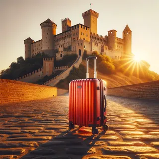Красный туристический чемодан на колесиках стоит на фоне средневекового итальянского замка во время золотого заката
