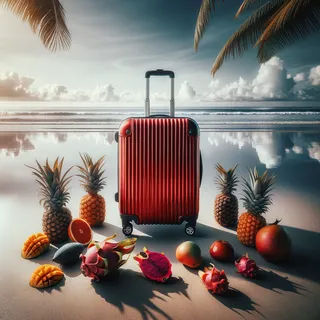 Кинематографическая сцена на пляже Бали с красным туристическим чемоданом на колесиках, окруженным экзотическими фруктами