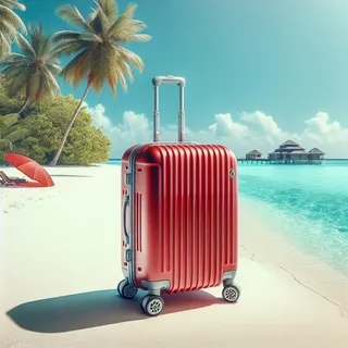 Изображение (не иллюстрация) только в очень реалистичном кинематографическом стиле. На изображении должен присутстовать красный туристический чемодан на колесиках. На изображении не должно быть людей.. Тема изображения:  Лучшие острова Мальдив для отдыха