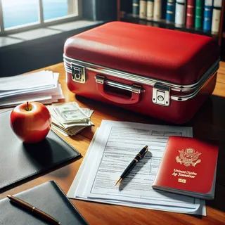 Красный туристический чемодан, лежащий на столе консульства вместе с документами и ручкой
