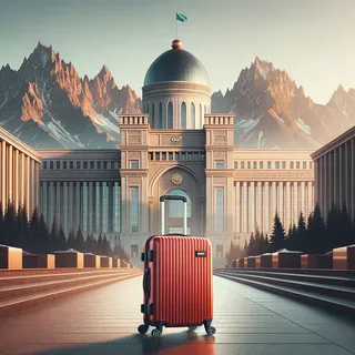 Очень реалистичный кинематографический стиль. Красный туристический чемодан на колесиках, находящийся рядом с официальным зданием в Казахстане, на фоне которого видны горы.