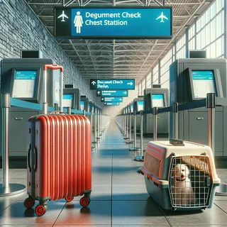Создайте изображение в стиле максимального гиперреализма, с акцентом на детальность и четкость. На картинке должен быть красный туристический чемодан на колесиках, рядом с проверкой документов и переноской для животных, без людей.