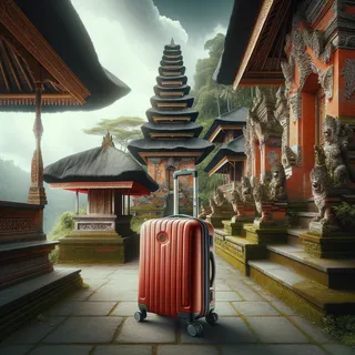 Изображение (не иллюстрация) только в очень реалистичном кинематографическом стиле. На изображении должен присутстовать красный туристический чемодан на колесиках. На изображении не должно быть людей.. Тема изображения: Тайны балийской архитектуры: Уникальные здания и их истории