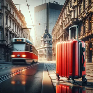 Реалистичное кинематографическое изображение красного туристического чемодана на колесиках, стоящего на улице Белграда, с фоном, демонстрирующим здания и трамвай