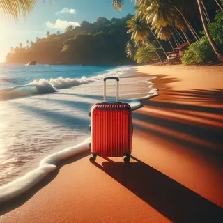 Кинематографическое изображение красного туристического чемодана на колесиках на фоне тропического пляжа
