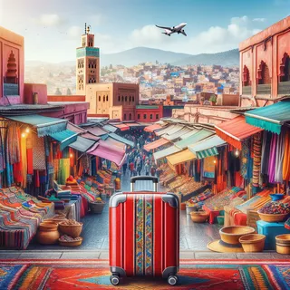 Туристический красный чемодан на фоне красочного марокканского рыночного пейзажа, с яркими палатками и экзотическими товарами