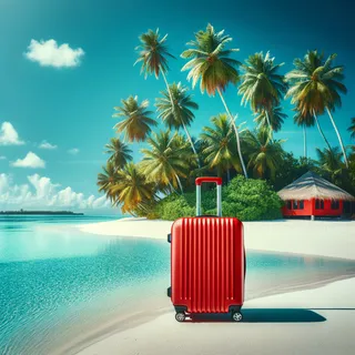 Островной пейзаж с лазурным морем, белоснежным песком и пальмами на фоне, на переднем плане красный туристический чемодан на колесиках