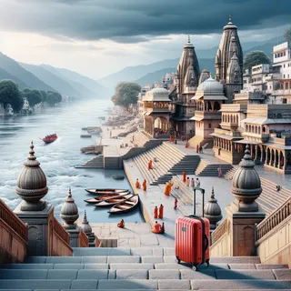 Священные гхаты Харидвара, вид на Гангу, красный туристический чемодан на колесиках, гиперреализм