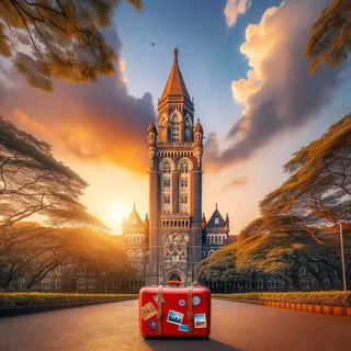 Величественная башня университета Мумбаи с красным туристическим чемоданом на фоне заката, окруженная зелеными деревьями и голубым небом