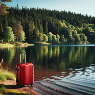 Красивый шведский пейзаж с озером и красным туристическим чемоданом на колесиках у воды