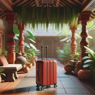 Очень реалистическое изображение, туристический чемодан красного цвета на колесиках стоит в тихом и уютном уголке индийского аюрведического центра, окруженный зеленью и традиционными индийскими украшениями, безлюдный