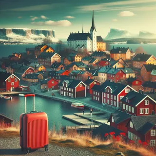 Кинематографический пейзаж шведского города в современных тонах с красным туристическим чемоданом на колесиках