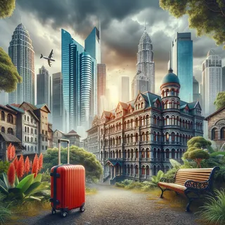 Красивый городской пейзаж с современными небоскрёбами и старинными зданиями, облачная погода, в центре листва и красный туристический чемодан на колесиках