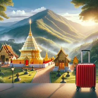 На фоне горы Сутхеп, золотой храм Ват Прахат Дой Сутхеп сияет, а рядом стоит красный туристический чемодан на колесиках