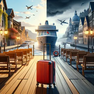 Изображение (не иллюстрация) только в очень реалистичном кинематографическом стиле. На изображении должен присутстовать красный туристический чемодан на колесиках. На изображении не должно быть людей.. Тема изображения: Преимущества и недостатки речных круизов по сравнению с морскими