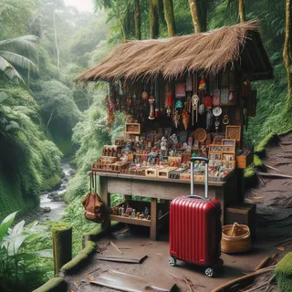 Изображение деревянного прилавка с сувенирами, с красным туристическим чемоданом на колесиках среди изделий, в живописных балийских джунглях