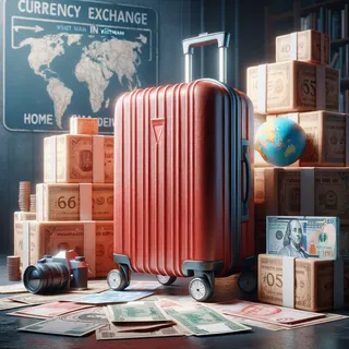 Изображение (не иллюстрация) только в очень реалистичном кинематографическом стиле. На изображении должен присутстовать красный туристический чемодан на колесиках. На изображении не должно быть людей.. Тема изображения: Обмен валюты во Вьетнаме с доставкой. Где и как происходит обмен денег? Руководство по безопасному обмену. 2 вариант