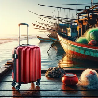 Туристический красный чемодан на колесиках стоит на причале в Шри-Ланке, рядом с оборудованием для рыбалки, утренний свет освещает море, вся сцена выполнена в крайне реалистичном кинематографическом стиле