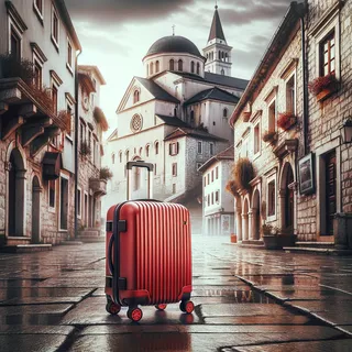 фотография реалистичная, кинематографическая, красный туристический чемодан на колесиках на фоне старинной городской улицы в Лесковце