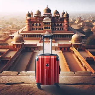 Красный чемодан на колесиках, стоит на фоне древнего индийского дворца, вид с высоты птичьего полета