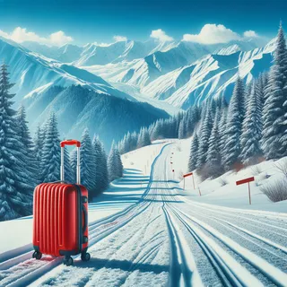 Фотография горнолыжной дороги в горах Грузии, заснеженные деревья по обочинам, синее небо и красный туристический чемодан на колесиках