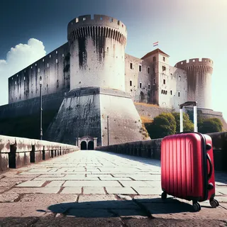 Нишская крепость в историческом стиле с красным туристическим чемоданом на колесиках у мощных стен