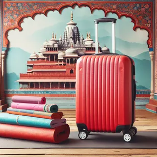 Красный туристический чемодан на колесиках на фоне традиционной индийской архитектуры и йога-матов, расстеленных для мастер-классов