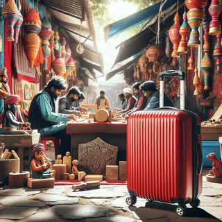 Красный туристический чемодан стоит на фоне уличных ремесленников, занимающихся традиционными индийскими изделиями, с детализированными инструментами и готовыми изделиями. Кинематографический стиль, яркие и четкие цвета, без людей