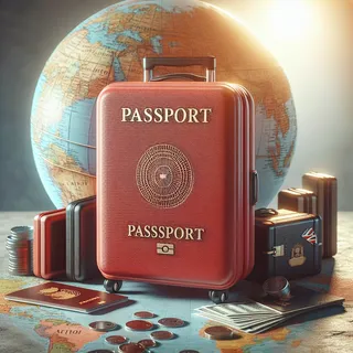 Изображение в очень реальном стиле. На нём должен присутстовать красный туристический чемодан. На изображении не должно быть ни одного человека.. Тема изображения: Как оформить загранпаспорт, находясь за границей. страна global