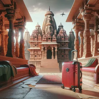 Реалистический кинематографический образ красного туристического чемодана на колесиках, стоящего на фоне старинного индийского храма с богатыми деталями, окруженного зеленью Вриндавана