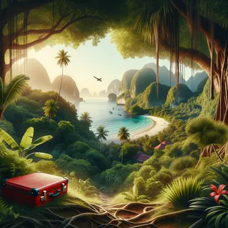 Пейзажные виды джунглей и пляжей с красным чемоданом на переднем плане