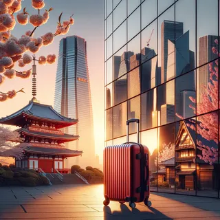 Кинематографическое фото на закате: Красный чемодан стоит на фоне современного небоскреба в Токио, отражающегося в зеркальных стеклах, рядом с ним видны фрагменты японской архитектуры и цветущие сакуры.
