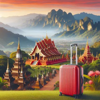 красный туристический чемодан стоит на фоне великолепного пейзажа с храмами и горами в стиле Чианграя, Таиланд