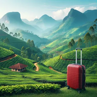Фотография живописной чайной плантации на Шри-Ланке в окружении гор, вблизи красный туристический чемодан на колесиках