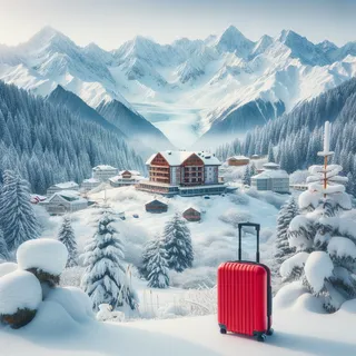 Грузия зима заснеженные горы курорт заснеженные елки красный туристический чемодан