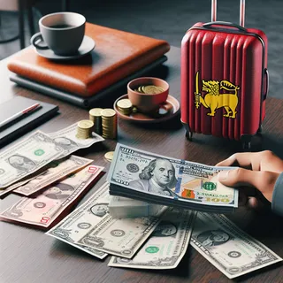 Реалистичная сцена в кафе, столик с пересчитываемыми банкнотами долларо США и ланкийских рупий, рядом стоит красный туристический чемодан