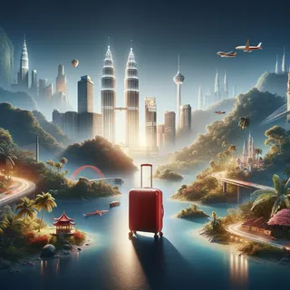Изображение (не иллюстрация) только в очень реалистичном кинематографическом стиле. На изображении должен присутстовать красный туристический чемодан на колесиках. На изображении не должно быть людей.. Тема изображения: Лучшие достопримечательности Малайзии