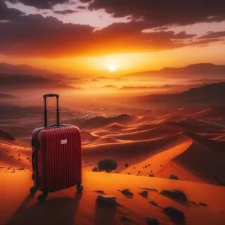 Красивый марокканский пейзаж в закатных тонах с красным туристическим чемоданом на колесиках на переднем плане на фоне великой пустыни