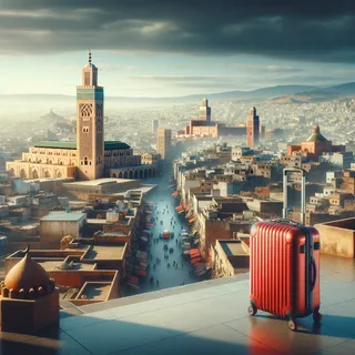 Изображение (не иллюстрация) только в очень реалистичном кинематографическом стиле. На изображении должен присутстовать красный туристический чемодан на колесиках. На изображении не должно быть людей.. Тема изображения: Столица страны Марокко: основные достопримечательности, исторические места, культурная жизнь города